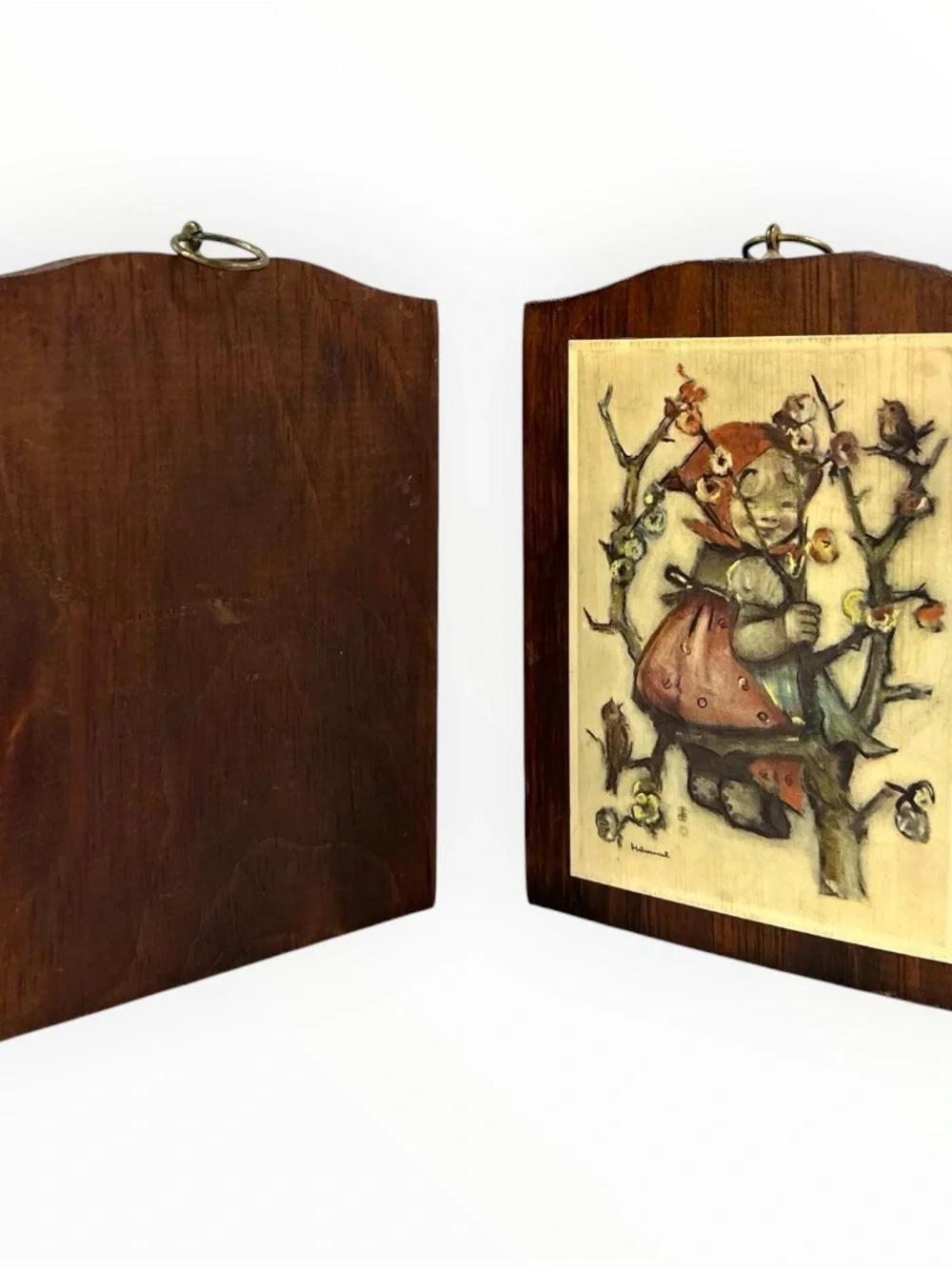 Vintage M.I. Hummel Apple Tree Boy & Girl 7.25” Wood Wall Plaques Set of 2